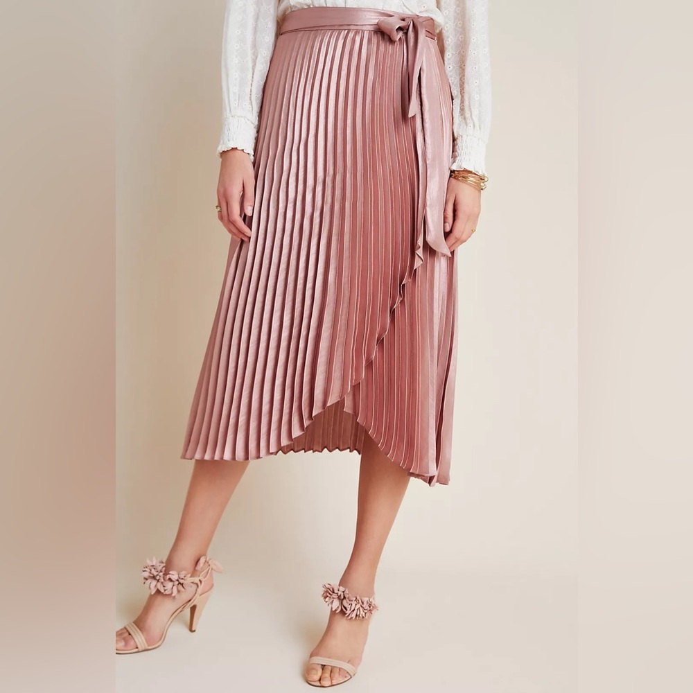 Anthropologie Maeve Paulina Pleated Faux Wrap Midi Skirt 2 | Rose Gold Metallic